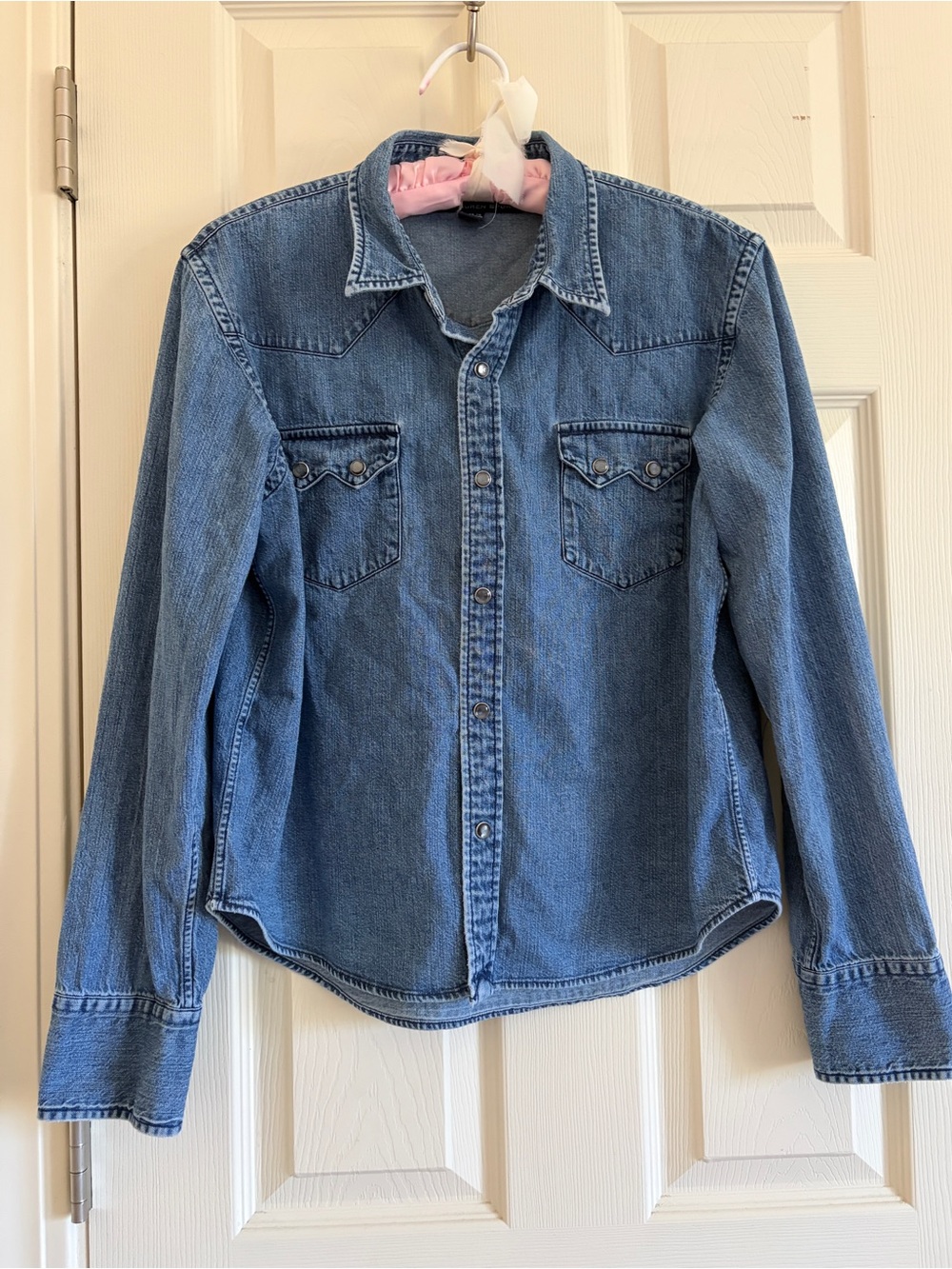 Vintage Ralph Lauren Sport Blue Denim Western Snap-Down Shirt Women Size 14